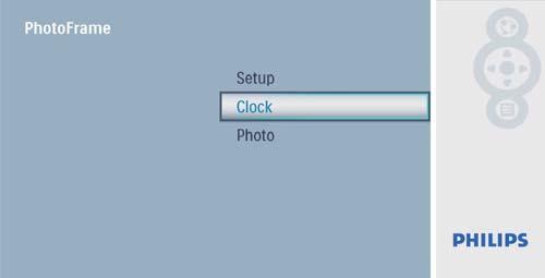5 Klok De datum en tijd instellen 1 Selecteer [Klok] in het hoofdmenu en druk op om te De klok weergeven in de diapresentatie 2 Selecteer [Tijd en datum] en druk op om te 1 Selecteer [Klok diapres.