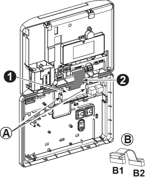 4. POWERMASTER-30 G2 INSTALLATIE A. PowerMaster-30 G2 connector B. Voorkant C. PGM-5 module D. Achterkant E. Bekabeling F. Bandkabel F1. Deze kant voor de voorkant F2. Deze kant voor de achterkant G.