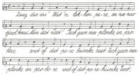 51 Plenke, plenk, plenkskes. Zuug dao ins! Wat 'n lekker pere! En noe nao sjaol touw? Nein dat neet! Iech gaon mer plenke, en probere } bis Wat of dat perebuimke zeet.