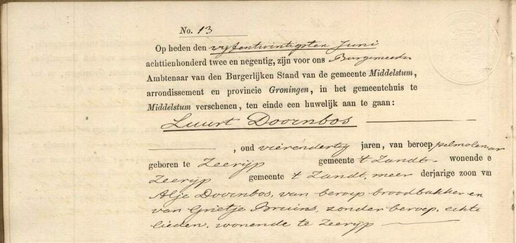 Kwartierstaat van Luurt Doornbos, molenaar te Zeerijp Generatie 1 (proband) 1. Luurt Doornbos, geboren 12-3-1858 in Zeerijp.