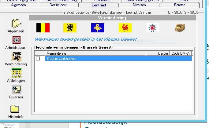 Doelgroepvermindering werknemersgegevens Werknemersgegevens Tabblad contract vermindering = verminderingen die niet werden geregionaliseerd of waarvan de regio afwijkt = verminderingen voor het