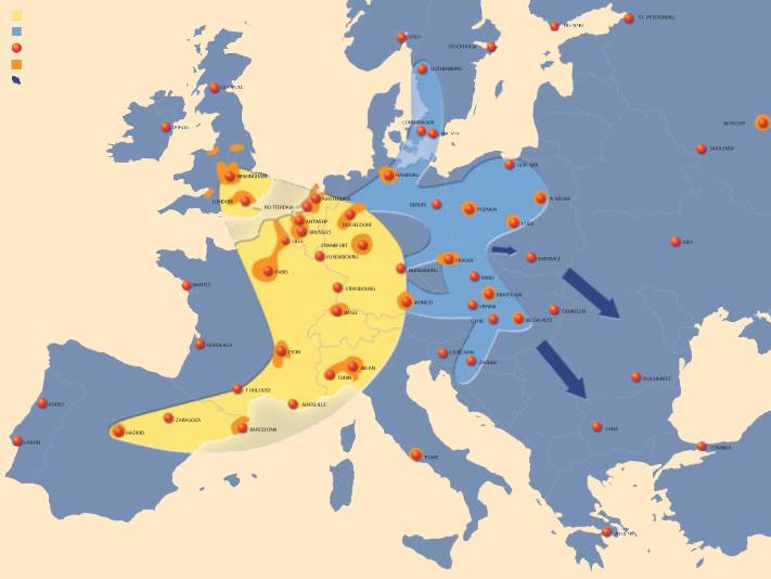 10 Vergelijking van toplocaties voor Europese distributie en logistiek 2006 DE BLAUWE BANAAN FIGUUR 2 KEYS Western European Heart Land Eastern European Transport Corridors Major European Distribution