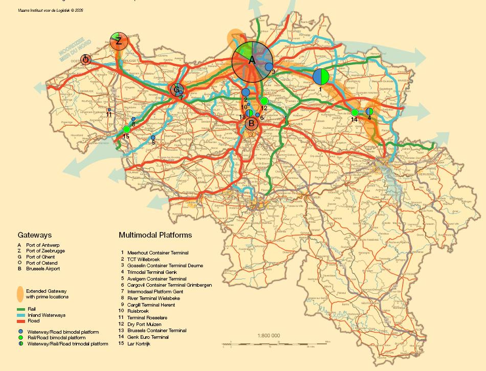 Vergelijking van toplocaties voor Europese distributie en logistiek 2006 27 Extended Gateways: het performant multimodaal achterlandnetwerk van Vlaanderen bestaande uit de verbindingen tussen de