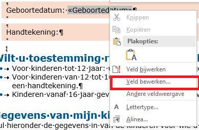 Plaats in iedere roze regel het betreffende gegevensveld(en) door op de knop Samenvoegvelden invoegen (1) gevolgd door het specifieke veld (2).