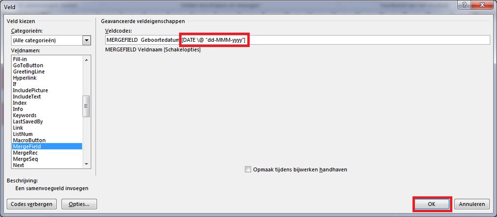 In het volgende scherm klikt u op Veldcodes Typ in de tekstregel, achter het woord Geboortedatum de volgenden tekst: [DATE \@ "dd-mmm-yyyy"] En klik vervolgens op OK De geboortedatum wordt in de