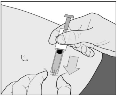 Figuur D 7. Spuit alle vloeistof langzaam in, door de zuiger zo ver mogelijk naar beneden te duwen (zie figuur E). Verwijder dan voorzichtig de naald uit de huid. Niet wrijven.