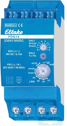 DALI-Gateway FDG14 en RS485-Bus weerstation gateway FWG14MS FDG14 3-4 Functiedraaischakelaar DALI-Gateway, bidirectioneel. Slechts 1 Watt stand-by verlies. 2 modules = 36mm breed en 58mm diep.