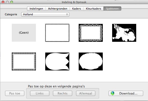 De delen die zwart zijn in het voorbeeld zullen niet meer zichtbaar zijn wanneer je het sjabloon over de foto heen plaatst. Via de knop Download onderin het venster kun je meer sjablonen downloaden.