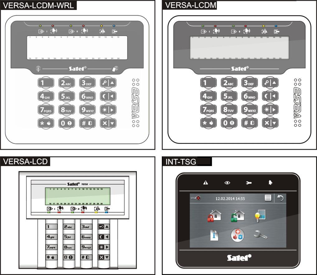 1. Bediening van het alarmsysteem met een bediendeel Met de volgende type bediendelen van SATEL kunt u de VERSA Plus alarmsystemen bedienen: INT-TSG bedraad Touch screen bediendeel (het bedienen van