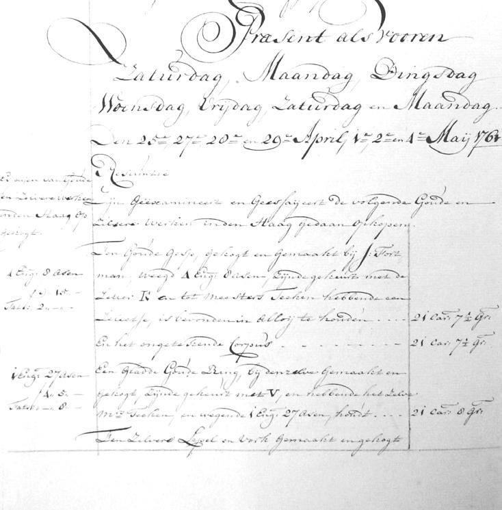 Afb. 25. Fragment van een pagina van de notulen van raden en generaalmeesters van de Munten, betreffende de zitting van 25 april tot en met 4 mei 1761.