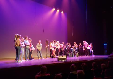 Groep 8. Afgelopen maandag zijn we naar de Tamboer geweest en hebben we meegedaan aan het schoolmusical festival! We waren als eerste aan de beurt, best wel spannend op zo n groot podium.