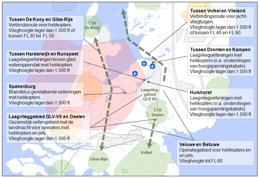 Figuur 4.8 Overzichtskaart met voor luchthaven Flevoland relevante activiteiten van de Koninklijke Luchtmacht De gebieden GLV7 en Deelen (CTR) en de Betuwe worden door Defensie het meest benut.