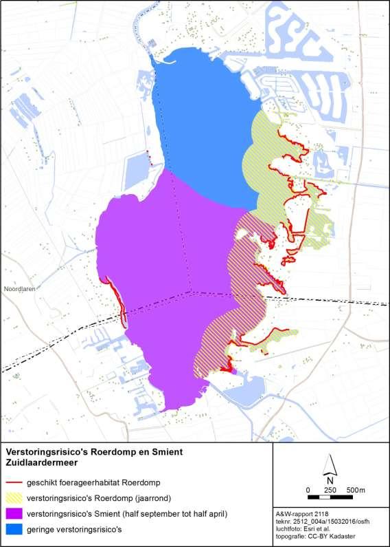 Overzichtskaart 18. Geïntegreerde kaart met verstoringsrisico's voor Roerdomp en Smient in het Zuidlaardermeer.
