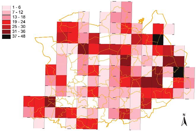 Figuur 2a: Aantal libellensoorten in de periode 990-2000 weergegeven per 5 x 5 km-utm-hok 55 Figuur 2b: Aantal Rode-Lijstsoorten van libellen in de periode 990-2000 weergegeven per 5 x 5 km-utm-hok