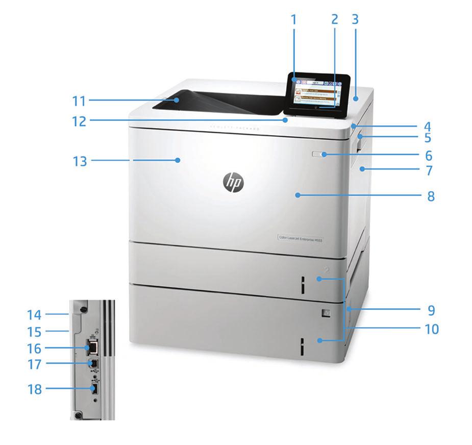 Productrondleiding Foto HP Color LaserJet Enterprise M553x: 1. 4,3-inch (10,9-cm) VGA-bedieningspaneel is kantelbaar en daardoor beter afleesbaar 2. Home-knop (terug naar het startscherm) 3.