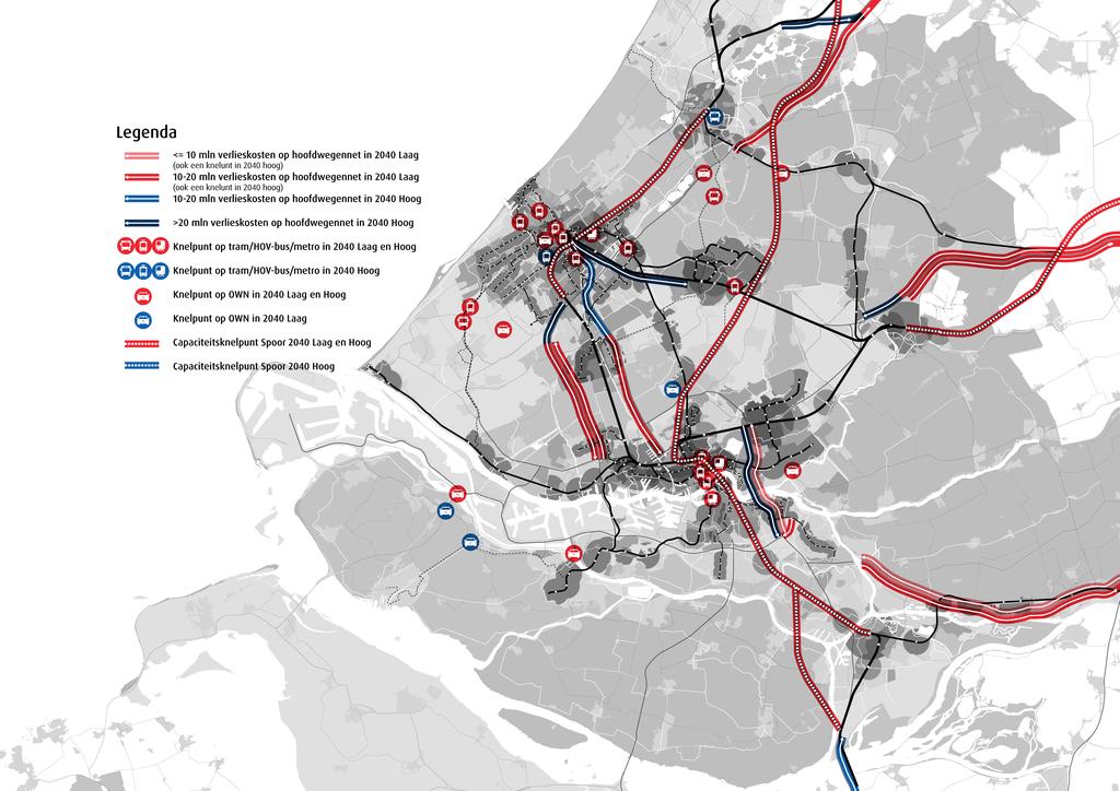 Desondanks doen zich na 2028 bij hoge en gematigde groei knelpunten voor Bij gematigde groei treden al knelpunten op in het stedelijk OV in Den Haag en Laag en delen van het Rotterdam spoornet.