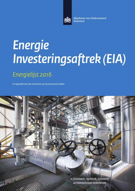 NUMMER 1, FEBRUARI 2016 Nieuwe energielijst (EIA) 2016 gepubliceerd De RVO (Rijksdienst voor Ondernemend Nederland) heeft op 30 december 2015 de Energielijst 2016 gepubliceerd.
