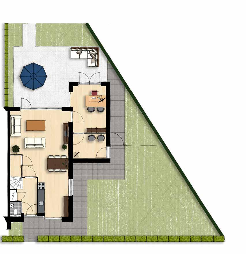 type O4 Hoekwoning vier-onder-één-kap Bouwnummer 213 Basiswoning is voorzien van: Ruime woonkamer aan de tuinzijde 3 ruime slaapkamers Vrij indeelbare zolder met dakraam Vloerverwarming begane grond