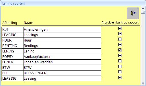 2.2.5 Soorten leningen In dit scherm worden de