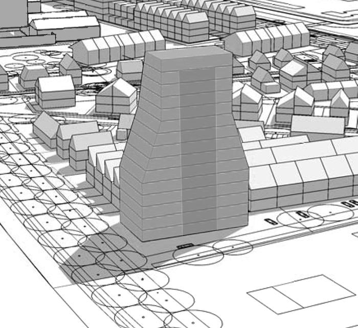 Om de effecten van de voorgestelde hoogbouw op de omgeving van grotere afstand te kunnen beoordelen, zijn een aantal montages vanuit het 3D-model gemaakt.