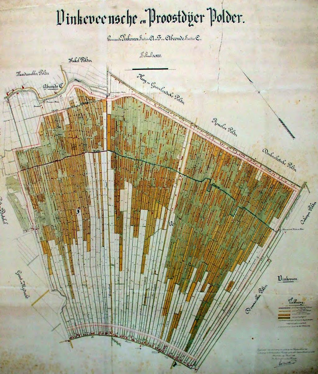 Gedetailleerde kaart uit 1889 met voortgang van de vervening van het onderzoeksgebied (het noorden is linksboven).