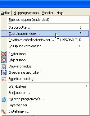 2. Kies de menuopdracht Opties > Coördinateninvoer. 3. In het dialoogvenster Coördinateninvoerwordt de actuele cursorpositie weergegeven. Voer de coördinaten van het startpunt in.