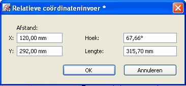 3. Kies de menuopdracht Opties > Relatieve coördinateninvoer. 4. In het dialoogvenster Relatieve coördinateninvoer legt u de positie van het eindpunt vast.