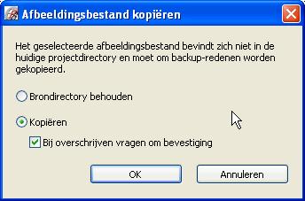 6. Wanneer u een bestand hebt geselecteerd, beslist u in het dialoogvenster Hyperlink kopiëren of het bestand in de projectdirectory (d.w.z.