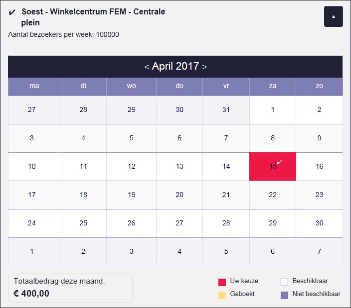 U ziet nu de beschikbaarheid van het geselecteerde winkelcentrum. Aan de rechterzijde blijft continu een overzicht van de geselecteerde winkelcentra en data zichtbaar.