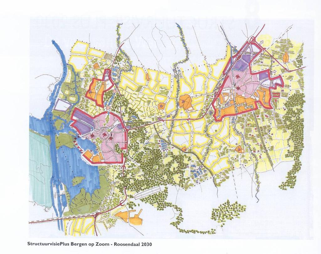 Figuur 2: Kaartbeeld StructuurvisiePlus Bergen op Zoom-Roosendaal 2030 Op het niveau van het stedelijk gebied wordt nader onderscheid gemaakt in deelgebieden: Stedelijk gebied hoge dichtheid (centrum