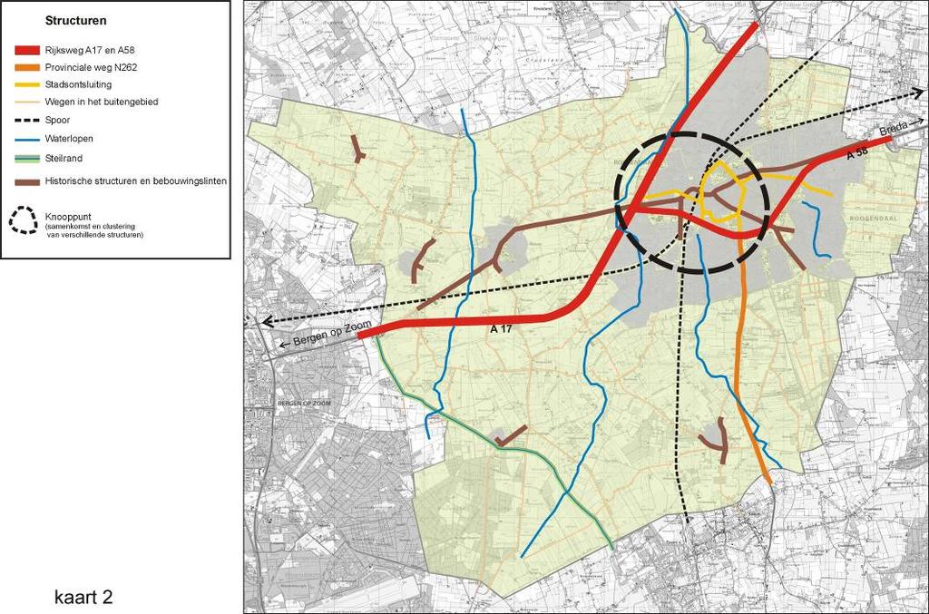 II. Structuren De structuur van de gemeente Roosendaal (kaart 2) wordt bepaald door enerzijds enkele infrastructurele werken en anderzijds het landschappelijke karakter.