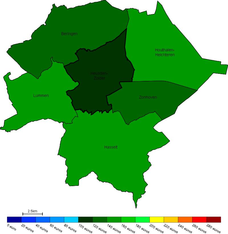 Vastgoed Prijs van bouwgrond in Heusden-Zolder en omgeving Gemiddelde prijs in e/m 2 van bouwgrond in Heusden-Zolder en omgeving Bron : Berekeningen van de ADSEI (FOD Economie) op