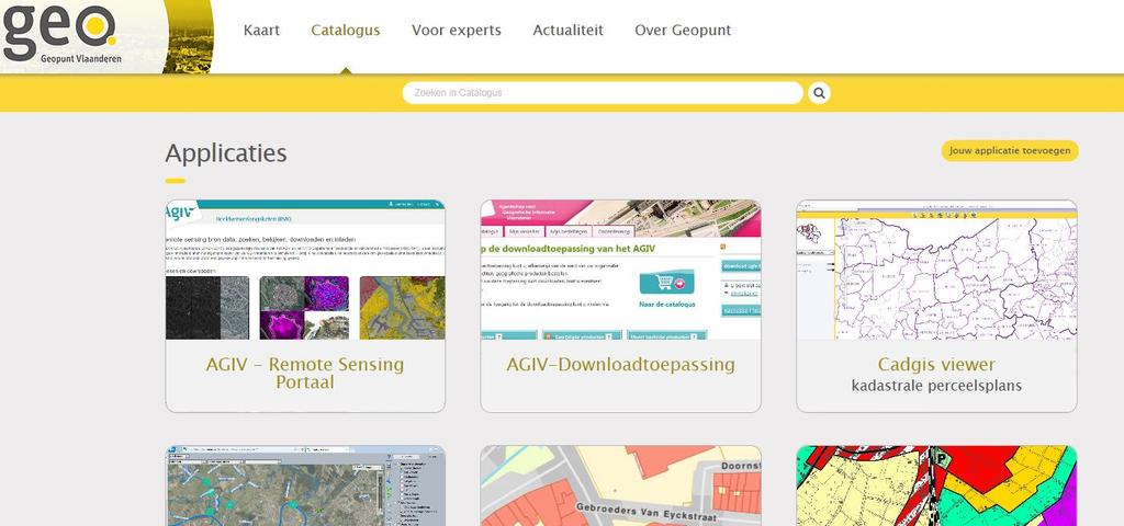 Applicaties In de catalogus van de applicaties vind je een hele reeks toepassingen van het Agentschap Informatie Vlaanderen en GDI-partners.