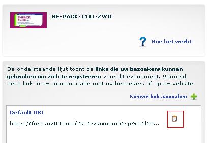 BEZOEKERSLINK Uw persoonlijke registratielink voor bezoekers In het tabblad Registraties vindt u uw bezoekerslink (default URL). Met het icoontje achter de link kan u de URL kopiëren.