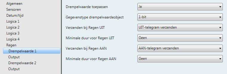 3.3.9.1 Parametervenster Regen - Drempelwaarde 1 Hier volgt een beschrijving van de parameters voor de Drempelwaarde 1. Deze geldt tevens voor Drempelwaarde 2.