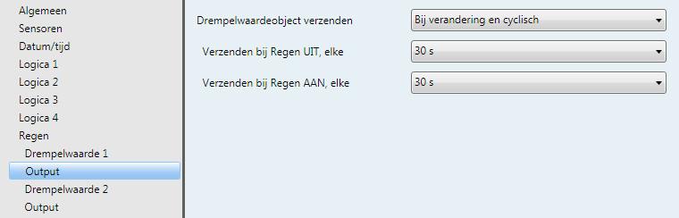 3.3.9.2 Parametervenster Regen - Drempelwaarde 1 - Output Hier volgt een beschrijving van de parameters voor de output van drempelwaarde 1. Deze geldt ook voor de uitvoer van drempelwaarde 2.