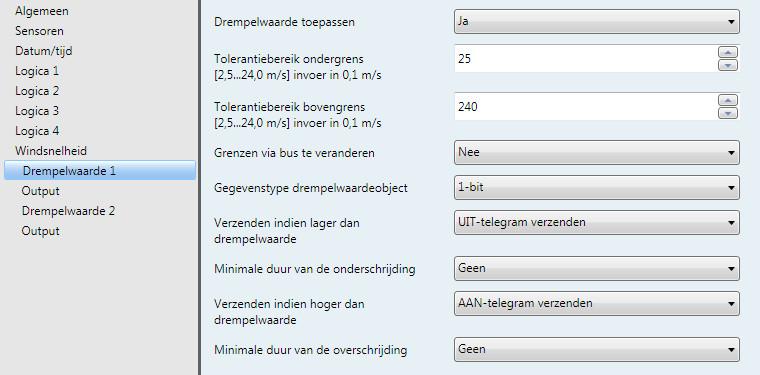 3.3.10.1 Parametervenster Windsnelheid - Drempelwaarde 1 Hier volgt een beschrijving van de parameters voor de Drempelwaarde 1. Deze geldt tevens voor Drempelwaarde 2.