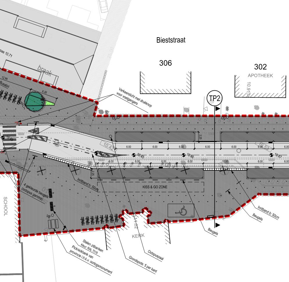 Nieuwe toestand: - Markering fietspad over pleinruimte - Kiss & Go zone voor de school - afgescheiden van de langsparkeerstrook door beugels - Flexibel gebruik, geen