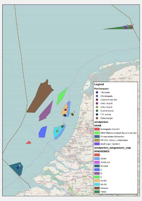 Figuur 3.4.3.1: Lozingspunten in windparklocaties voor simulaties larventransport in de Noordzee en Noordzeekustzone.