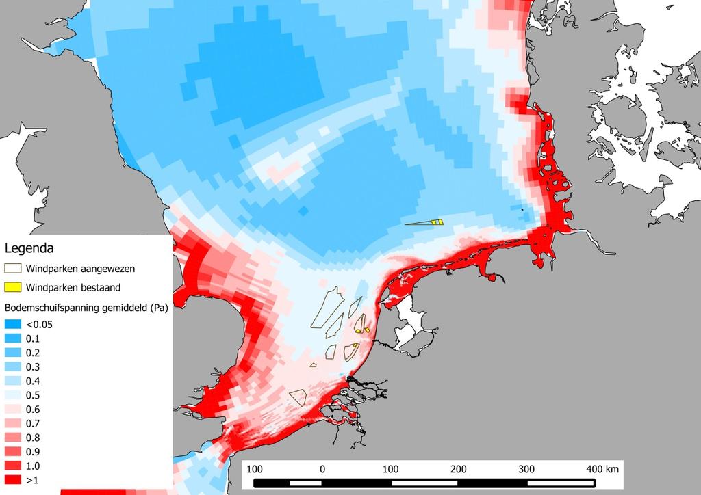 4.2 Modelsimulaties: bodemdynamiek en zwevend stof in de windparken 4.2.1 Bodemschuifspanning Bodemschuifspanning is altijd hoog in het Kanaal en rond de oostpunt van Engeland (Norfolk).
