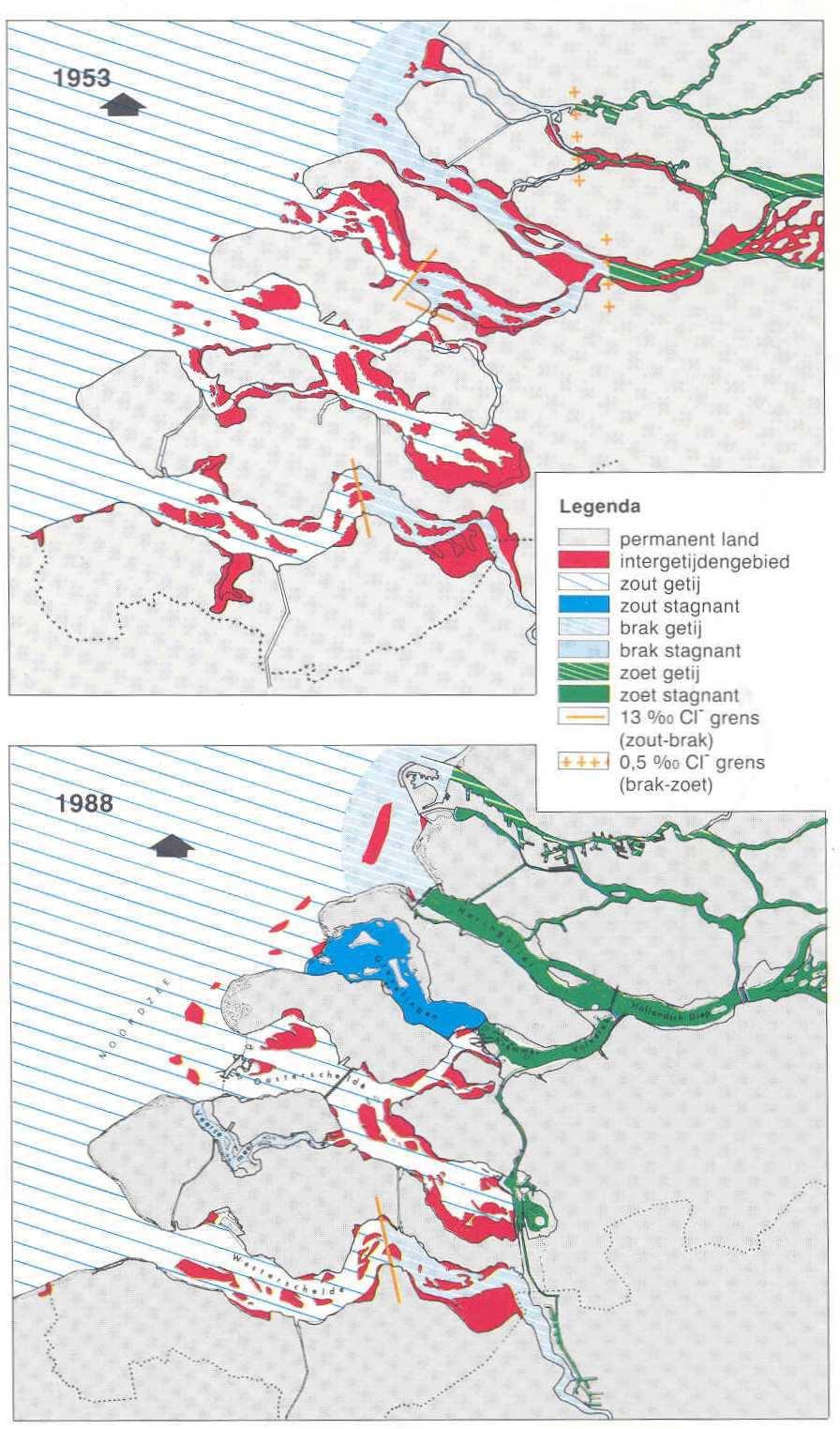 Figuur 32. Voorkomen van verschillende systeemtypes en habitattypes in 1953 (voor de Deltawerken) en in 1988 (na aanleg van de Deltawerken) (Baptist et al., 1988).