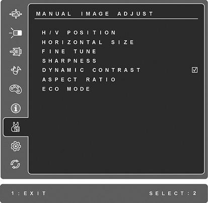 Verklaring bedieningselementen Manual Image Adjust (Beeld handmatig aanpassen) toont het menu voor het handmatig aanpassen van het beeld. H.