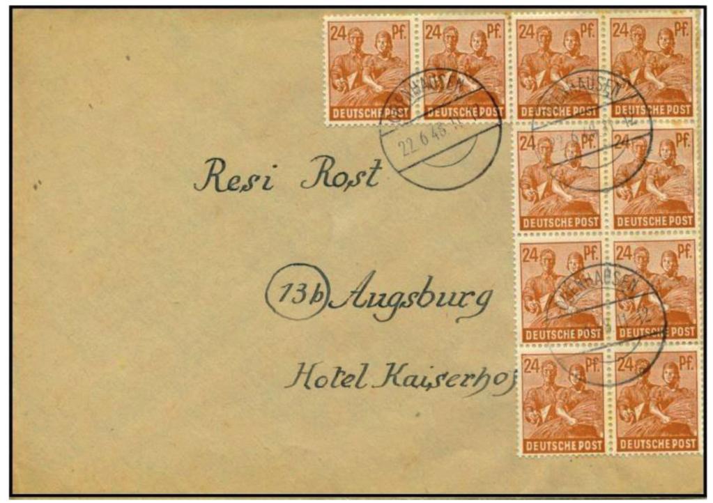 Afb. 6: juni 1948, 10-voudige frankering: 10 x 24 Rpfg = 2,40 RM = 24 Pfg, nieuwe valuta Postzegels verzamelen was in die tijd nog een zeer weid verbreide hobby.