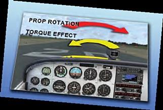 En alsof dat nog niet genoeg is voelen we ook nog het torque effect van de draaiende propeller. Dat laat de afbeelding van de Cessna-cockpit met de pijlen een beetje zien.