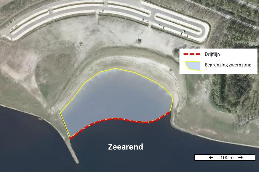 Bij de zwemlocaties zijn Zeearend en Kleine Zwaan ligt een drijflijn op circa 100 en 70 meter uit de oever (zie Figuur 3.10 en Figuur 3.11).