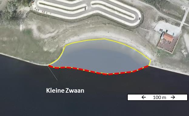 Bij zwemlocatie Brilduiker ligt de drijflijn vrij dicht bij het strand (zie Figuur 3.11). Deze locatie is met een strekdam gescheiden van het andere water.