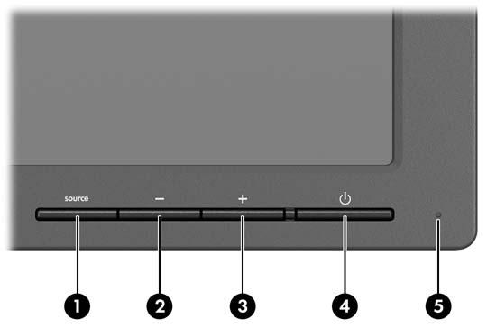 Knoppen aan de voorkant Tabel 4-1 Knoppen aan de voorkant van de monitor Knop Doel 1 Bron Hiermee kunt u het video-ingangssignaal selecteren (DisplayPort of DVI-D).