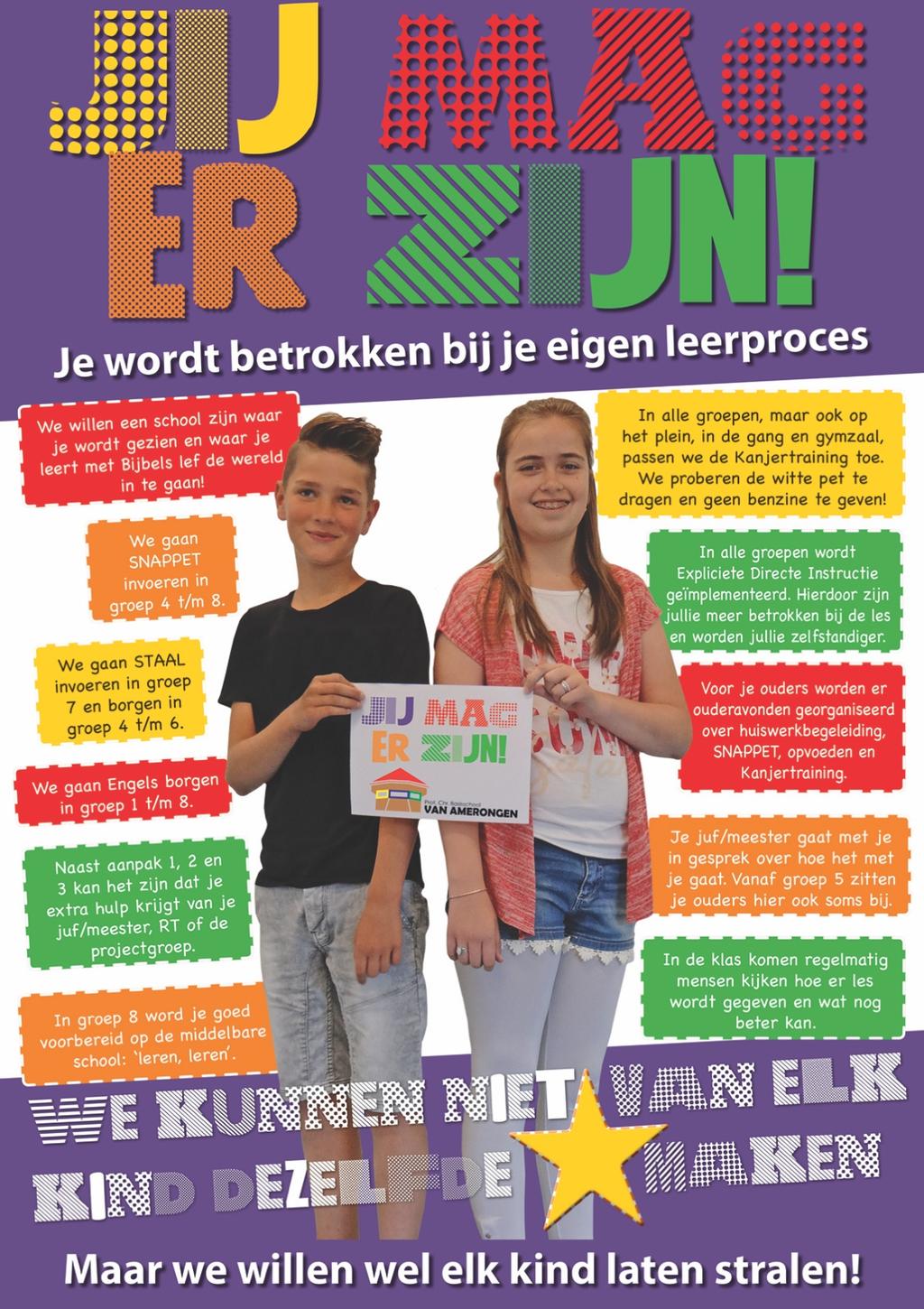 WAT GAAN WE HET KOMENDE JAAR SAMEN DOEN? De onderstaande nieuwe poster hangt nu in elke groep. Elk jaar zullen er twee leerlingen van groep 8 op de poster verschijnen.