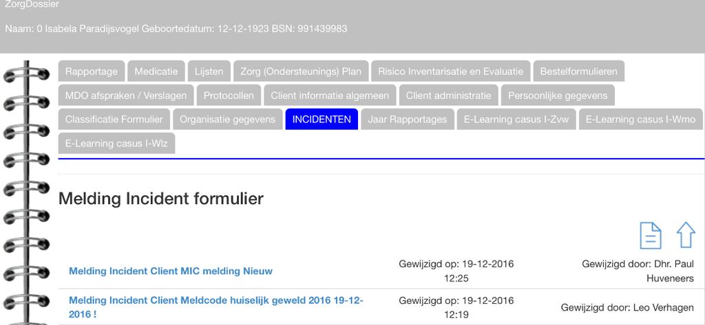 Formulier' in de tab 'Incidenten' is het