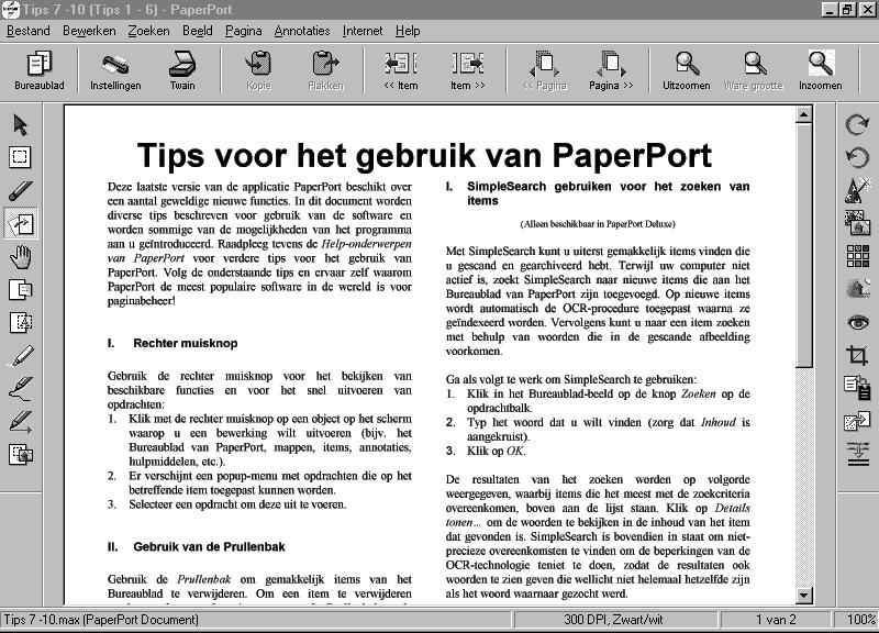 Pagina beeld toont een close-up van één pagina. U opent een PaperPort -item door er gewoon op te dubbelklikken.